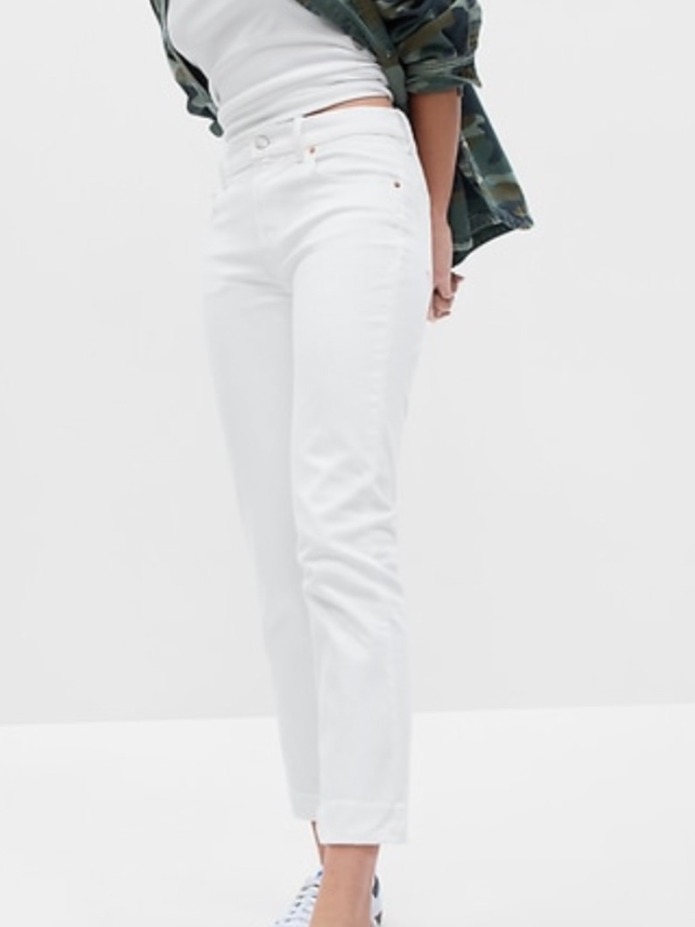 Gap Tapered Girlfriend Mid Rise White Low Stretch Frayed Denim Jeans 23P 000P
